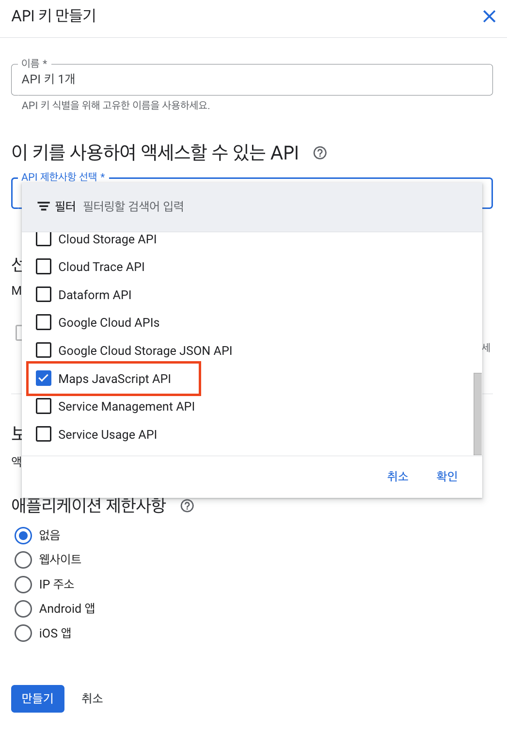 Maps JavaScript API 선택