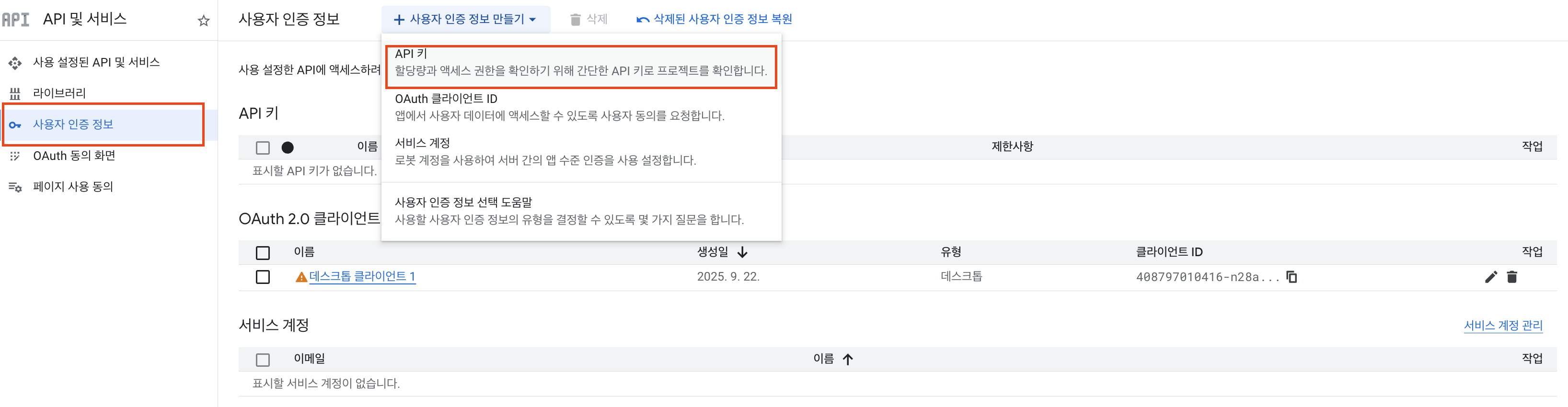 사용자 인증 정보 - 사용자 인증 정보 만들기 - API 키 클릭