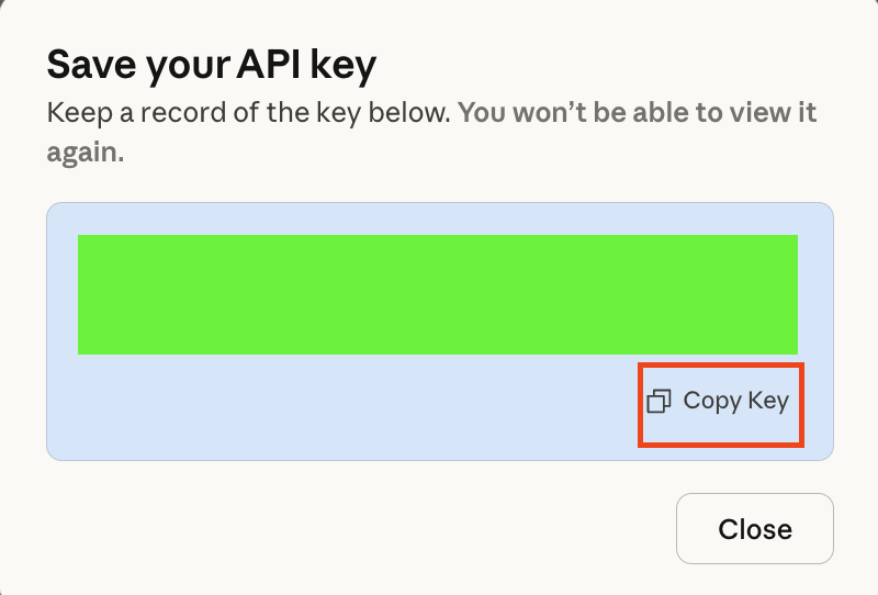생성된 API 키 복사하여 보관