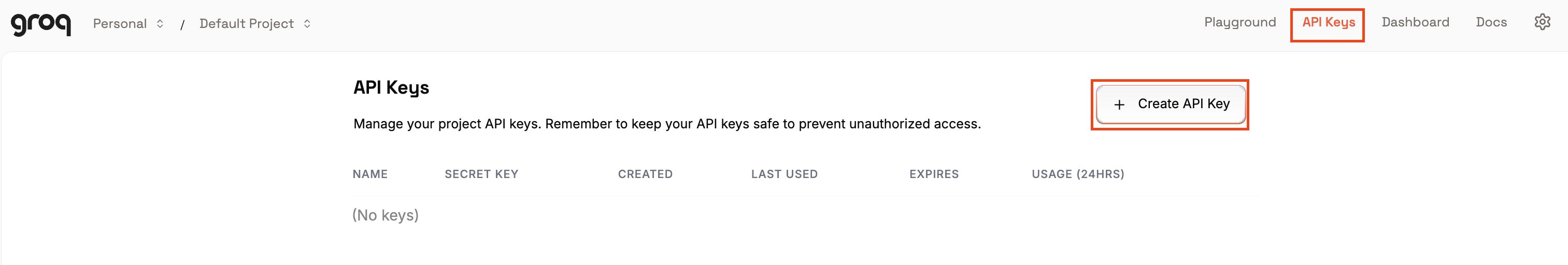 Groq 접속 - API Keys - Create API Key