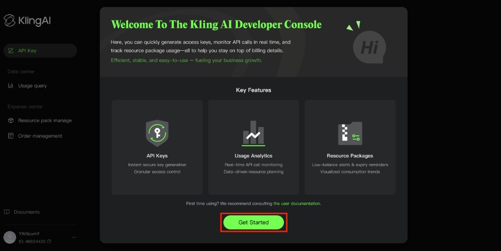 Get Started - API Keys 선택