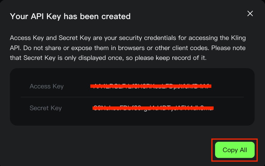 생성된 API 키 복사하여 보관