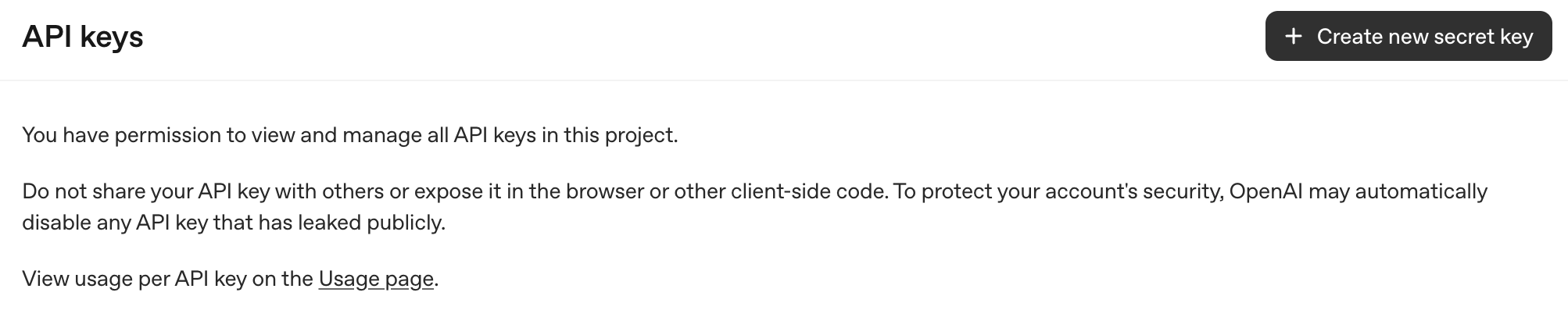 Create new secret key를 클릭합니다