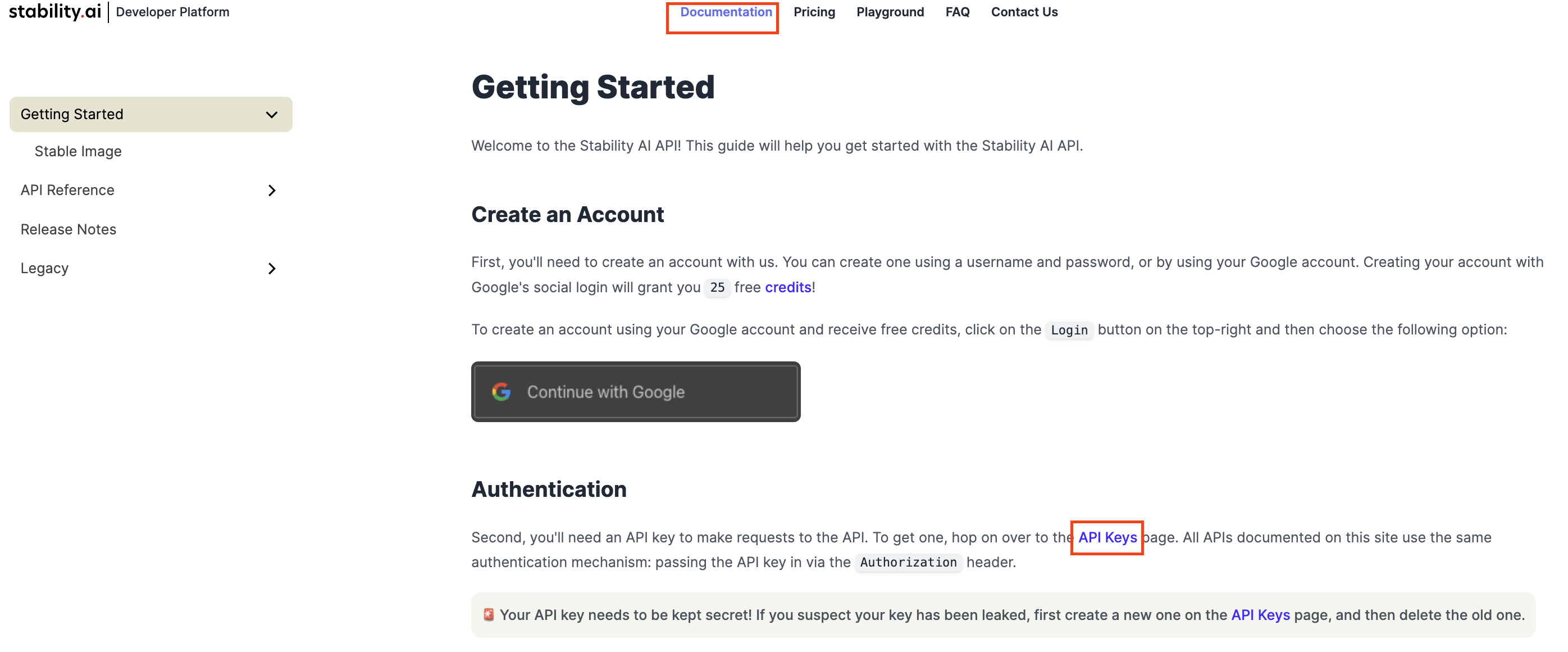 Stability.ai Developer Platform 접속 - Documentation - API Keys