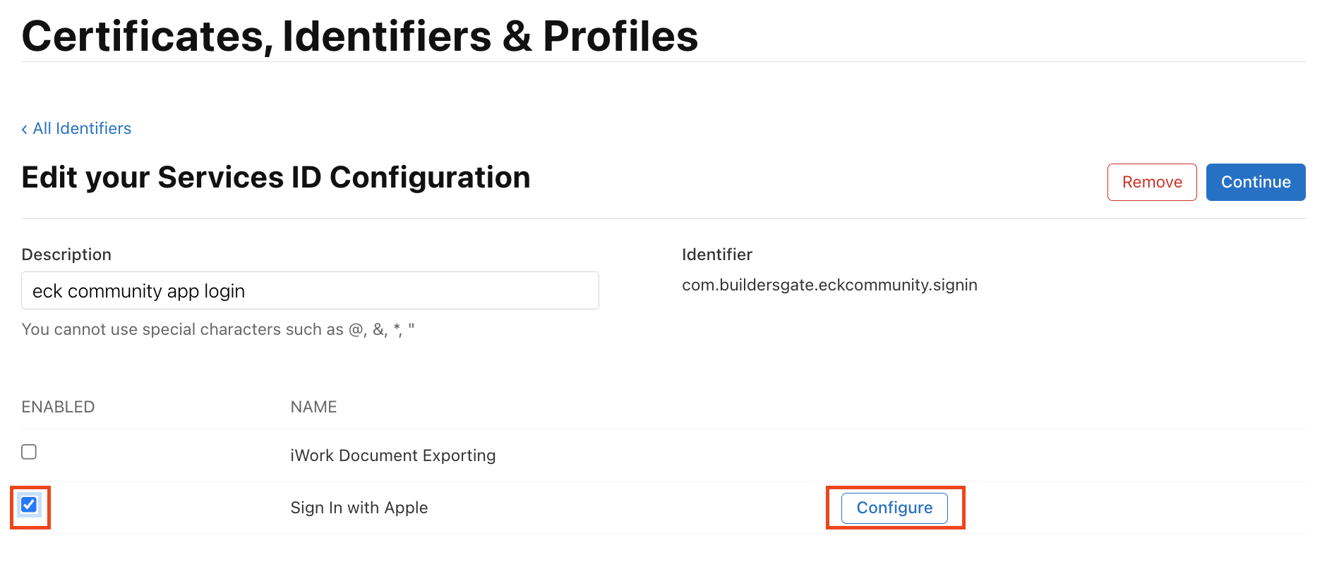 Sign in with Apple 체크 및 Configure 클릭