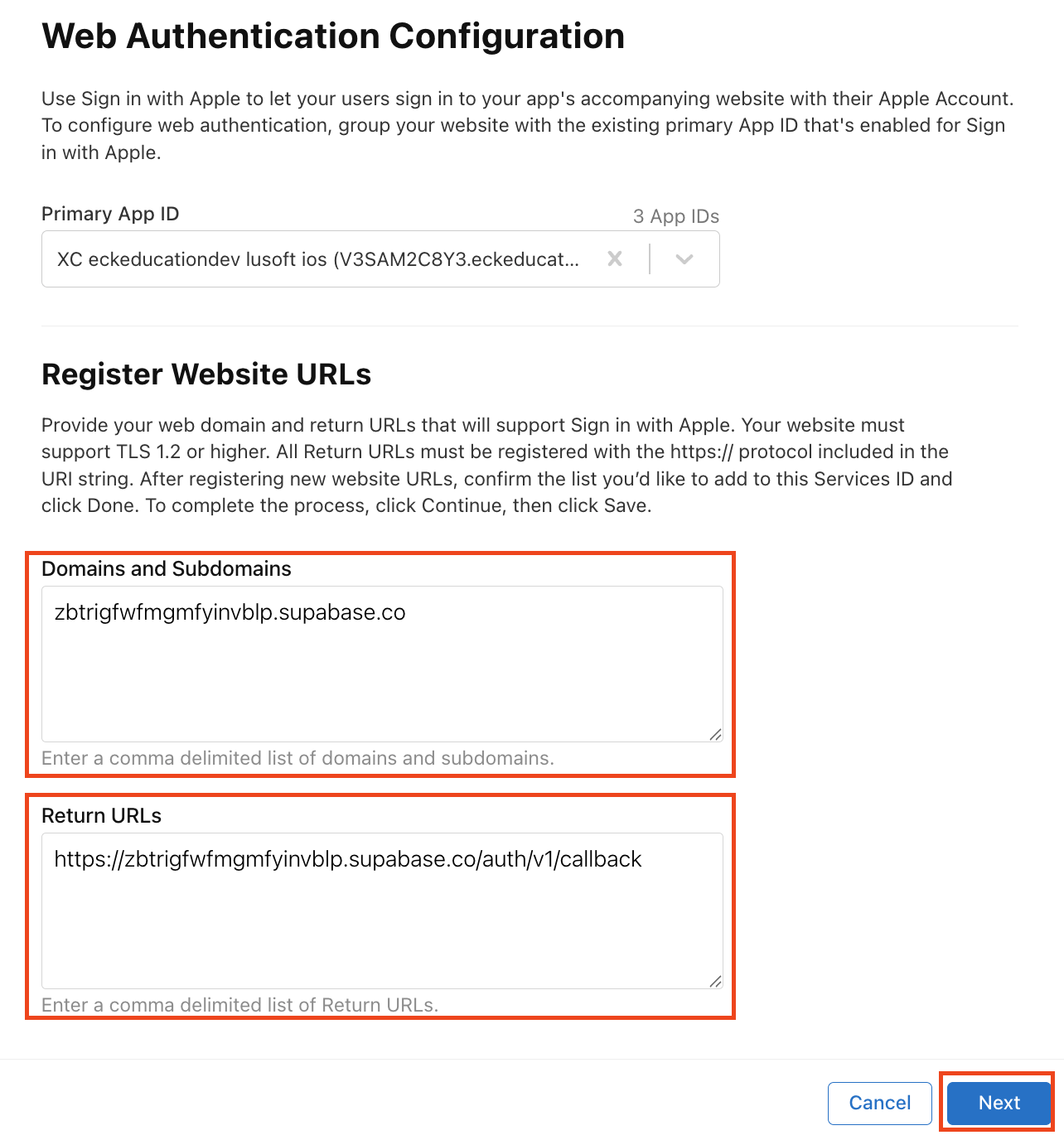 Primary App ID를 이전에 생성한 App ID 선택 - Domains and Subdomains 및 Return URLs 입력
