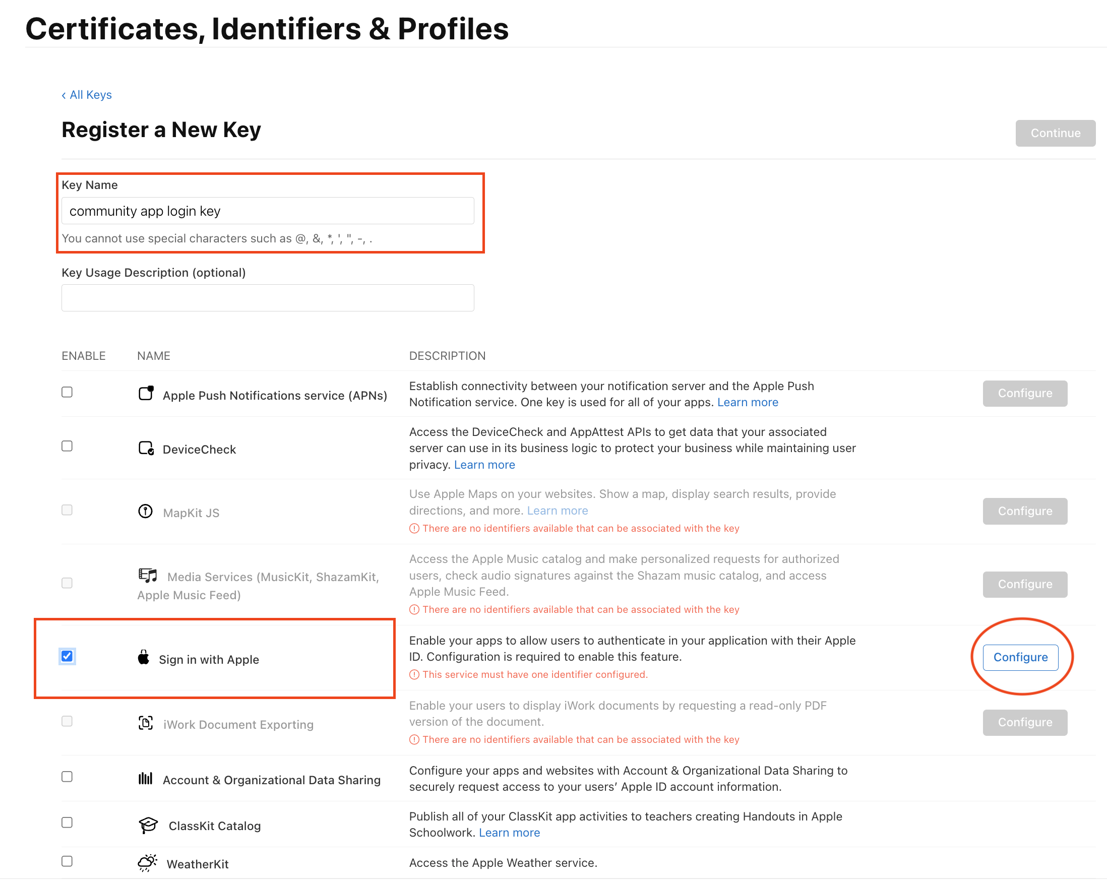 Key Name 입력 - Sign in with Apple 체크 및 Configure