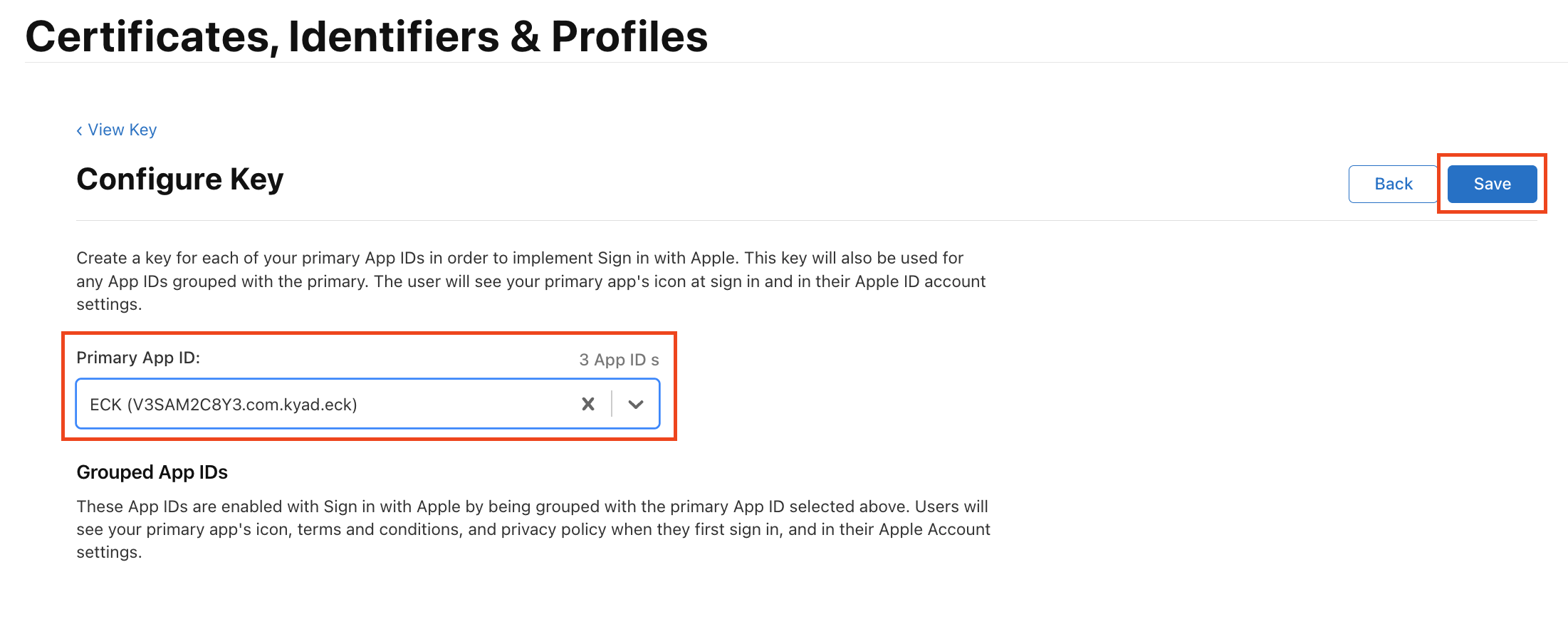 Primary App ID를 이전에 생성한 App ID 선택 - Save