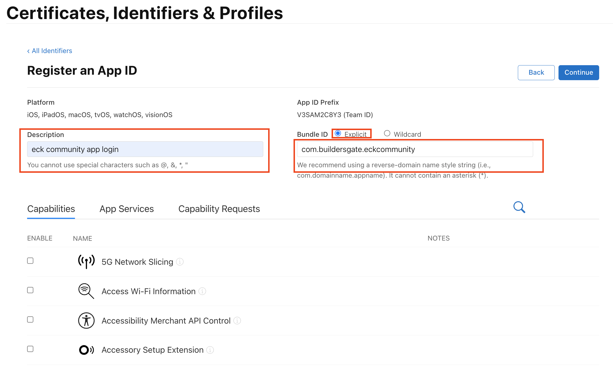 Description 입력 - Bundle ID: Explicit 선택 및 도메인 입력