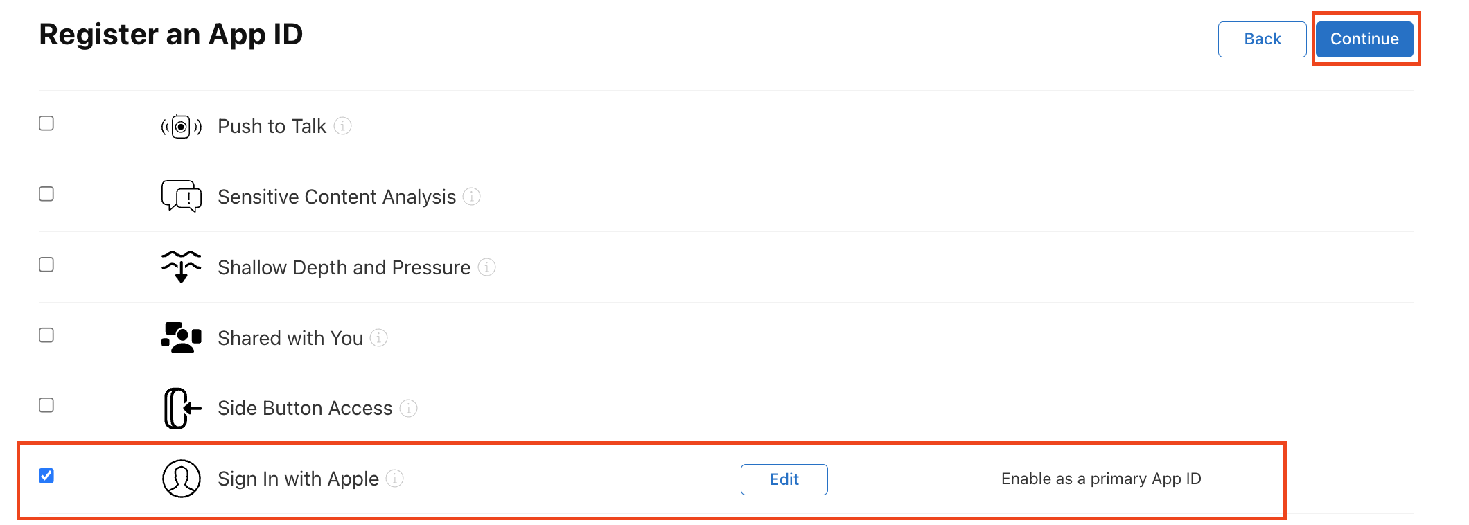 스크롤 내려서 Sign in with Apple 체크 후 Continue