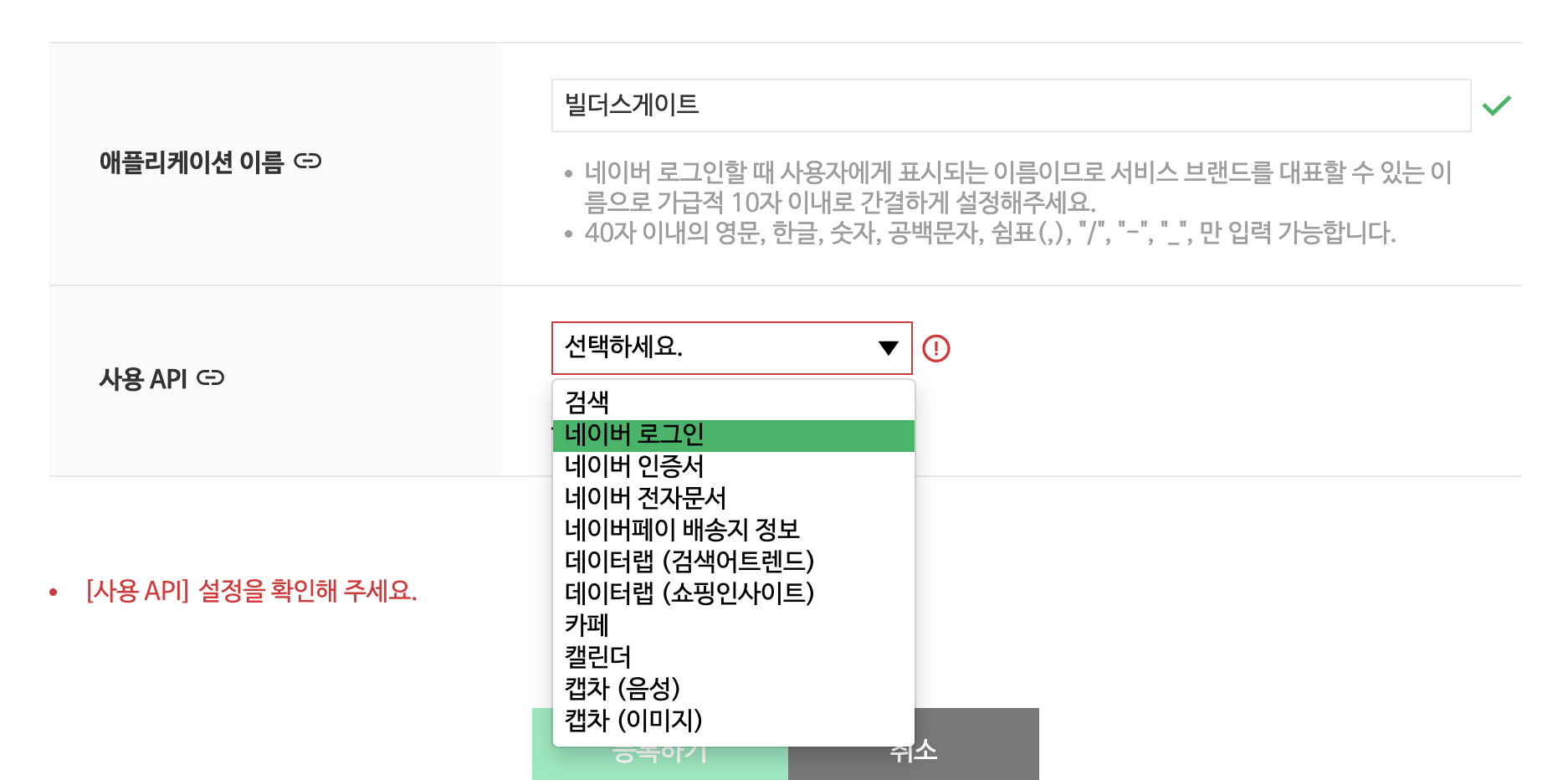 애플리케이션 이름 입력 및 사용 API 선택