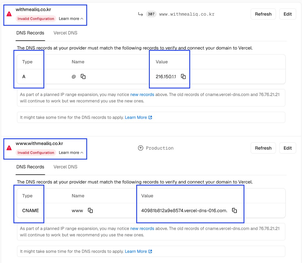 각 도메인의 Type, Value 확인